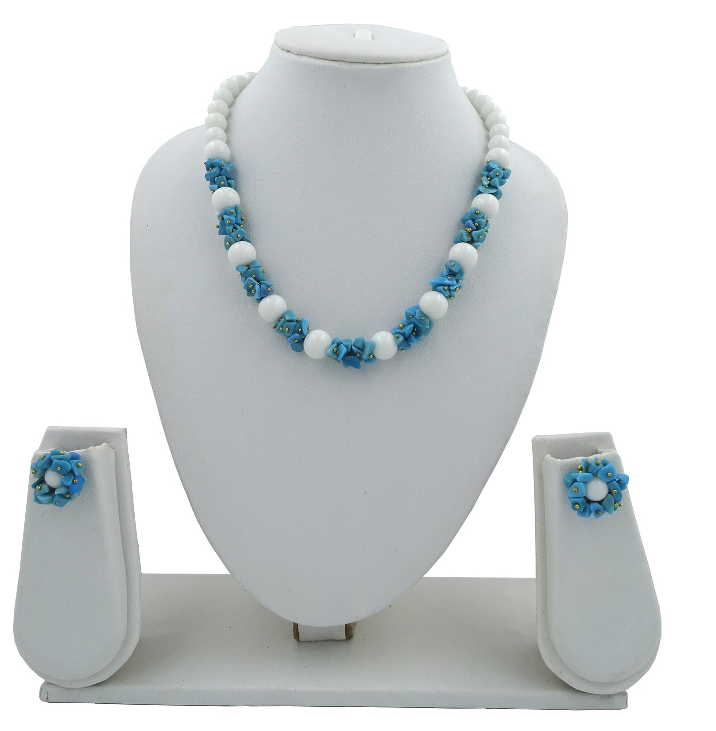 Centorganic - Semi Precious Gemstone Crystal Beads Necklace with Earring ,Turquoise Firoza Stone chip and white Jade 16" Mala for Girl and Women Fashion Jewellery, with beautiful jewellery box for gifting.